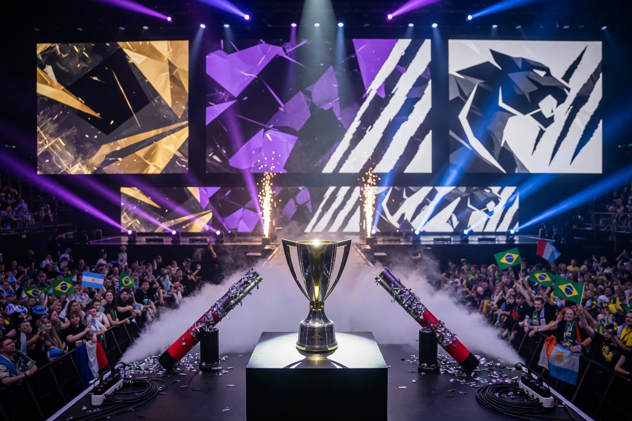 Foto hero de playoffs del IEM Cologne Major 2026: trofeo en el escenario de